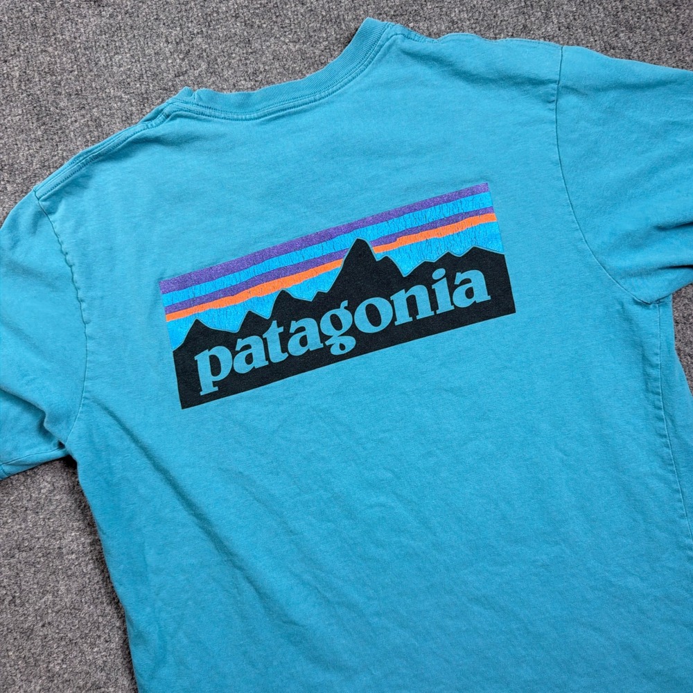 Patagonia Skyline Logo T-Shirt Men Medium Turquoise Blue Short Sleeve